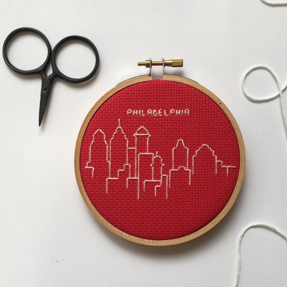 Philadelphia Skyline Cross Stitch Hoop Art Gifts for Him