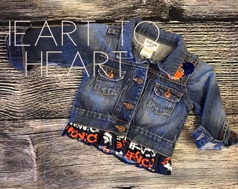 Broncos jean jacket, Denver Broncos, Girls broncos jacket, Toddler broncos jacket, re-purposed jean jacket, United in Orange, boutique coat