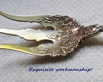 Expertly Chased 1897 Durgin Dauphin Sterling Silver Serving Fork, Daniel Low & Co, Long Embossed Antique Lettuce Fork, Pretty Floral Motif