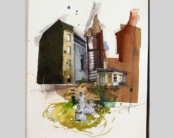 Collage, abstract art, image, girl, urban motif, recycled, paper collage, mixed media, houses, portrait, surreal, abstract architecture