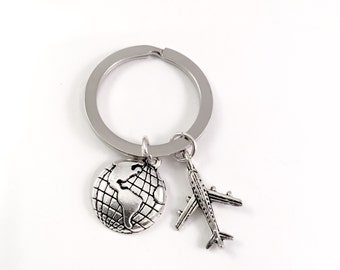 Friend Keychain, Travelers Keychain, Best Friend, Globe and airplane keychain, World Travel, long distance, travel post, World Traveler
