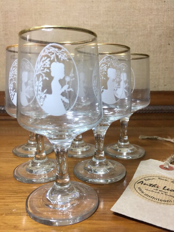 6 1970s Vintage Glass Sherry Glasses with Gold Rims by Dema - Original Box - Pretty Victorian Lady Silhouette Design- Jane Austen's Emma