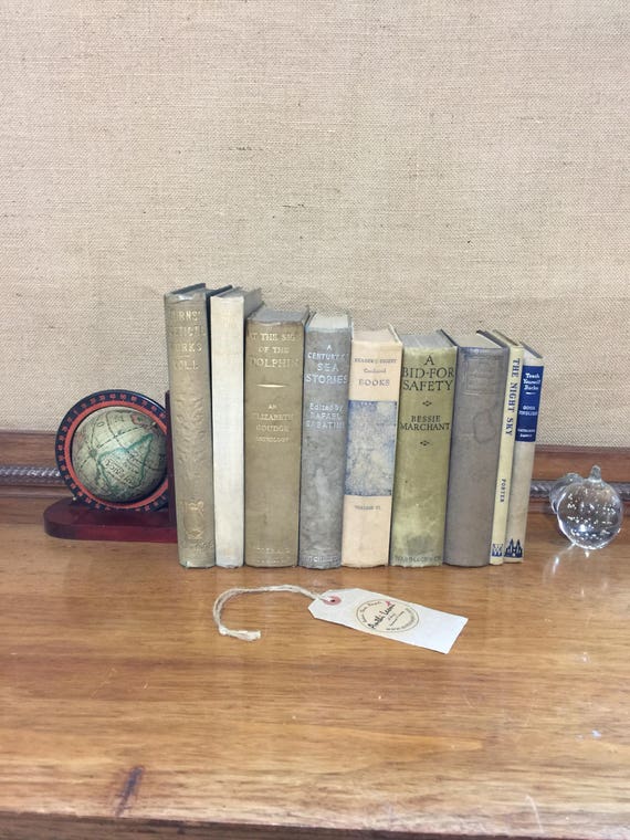 NEUTRAL GREY Blue & BEIGE Vintage Book Collection - Old Books Decoration - Foot Long 9 Shelf Staging - Beige Home Decor - Vintage Books