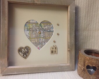 Map housewarming gift , new home map gift, Home sweet home, heart map frame , personalised map frame , rustic new home, first home gift