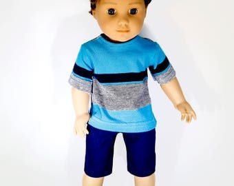 American made Boy Doll Clothes, 18 inch Boy Doll Clothing, Boy doll tee shirt with navy shorts made to fit like American girl doll clothes