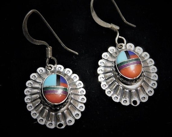 Vintage Quoc Turquoise Earrings Inlay Gemstones Turquoise Coral Lapiz Sterling Silver Fish Hook Earrings Southwestern Alburquerque Jewelry