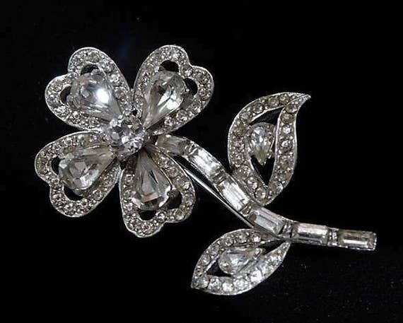 Signed Kramer of NY New York Rhinestone Brooch Flower Floral Mid Century 1950s 50s Designer Jewelry Wedding Bride Bridal