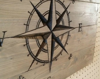 Carved Compass Rose, nautical decor, travel, rustic pallet sign, travel gift