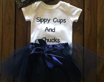 White and Navy Toddler Outfit, Navy Tulle Skirt, Tulle Skirt, Sippy Cups and Chucks Onesie, Navy and Gold Headband, Navy Knot Heaband