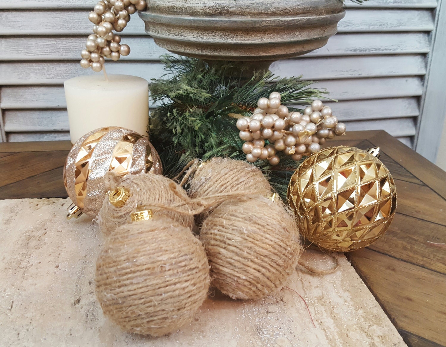 Set of Four Small Twine Wrapped Christmas Tree Ornaments