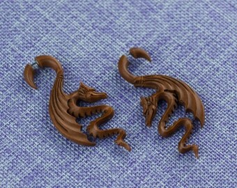 Fake Gauge Earrings, "Dragon" (R). Saba Wood, Naturally Organic, Hand Carved, Tribal