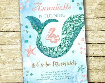 Mermaid Birthday Invitation, Instant Download PDF, Editable with Adobe Reader, Glitter Mermaid Party, DIY Digital Printable, Girl Invitation