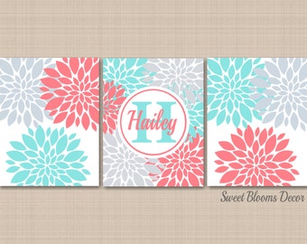 Coral Teal Gray Floral Nursery Wall Art,Teal Aqua Gray Girl Decor,Teal Aqua Coral Turquoise Wall Art,Aqua Coral Teal Bathroom UNFRAMED C421