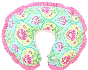 15% OFF SALE - Lily Pad | Pink & Aqua Floral Ruffled Nursing Pillow Cover