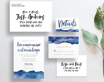 watercolor ombre wedding invites // navy watercolor // blue ombre // navy blue invite // brush lettering // PRINTED wedding invites //custom