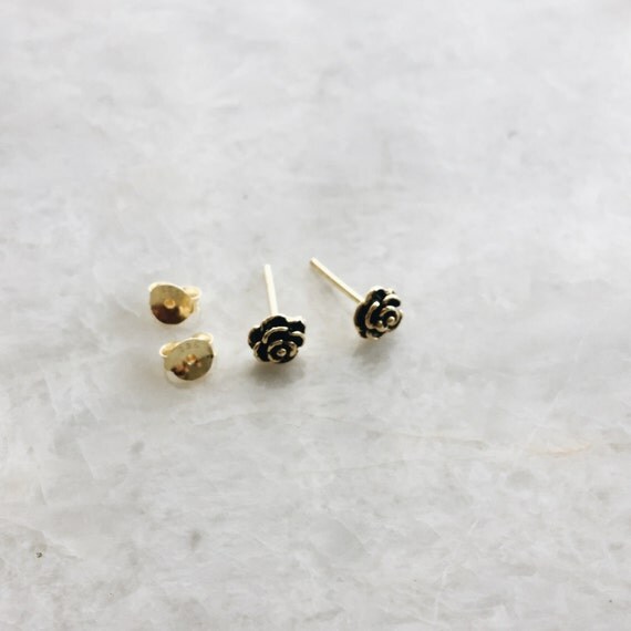 Tiny gold oxidized rose ear studs Minimal rose ear studs