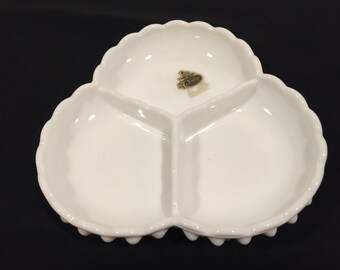 Vintage 1950s Fenton Hobnail Milk Glass Divided Dish with Original Sticker