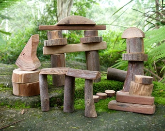 Tree Blocks, Fairy Building Blocks, Natural Wooden Building Blocks, Set of 30 Blocks