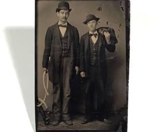 Unusual Tintype of a Two Men with a Hand-Held Sump Pump, Occupational Tintype, 19th Century Antique Photograph