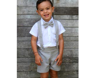 Boy Suspender Shorts-Light Grey,Linen Shorts,Page Boy,Christening Outfit,Ringbearer,Baptism boy,Shorts with Braces,Wedding suit,boy suit
