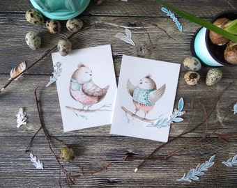 2 Original Watercolor Painting, baby birds art, tribal nursery, cute birds wall art boho, forest animal wall art print, bird art
