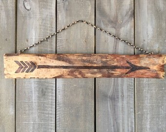 Rustic Wood Burned Arrow on Natural Wood Plank with Braided Rope Hanger, Tribal, Native American