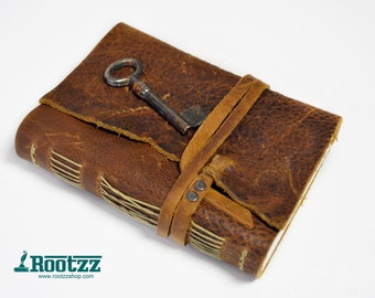 Leather vintage journal with a skeleton key - leather book - diary - leather journal