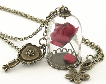 Beauty and the beast necklace ,rose necklace , flower necklace ,Enchanted Rose Flower in Bottle and Mirror Pendant Necklace