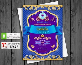 Printable invitation Princess Cinderella party in PDF with Editable Texts, Princess Cinderella Invitation, edit and print yourself!