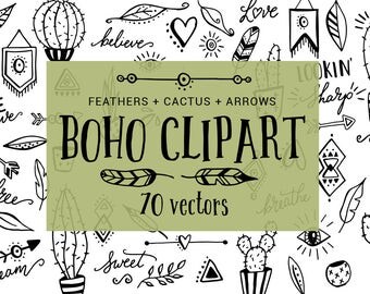 Boho clipart, tribal clipart, clipart borders, cactus clipart, feather clipart, arrow clipart, heart, digital, icons, hand drawn, vectors,