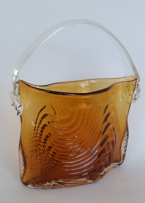 MidCentury Amber Hand Blown Art Glass Purse Vase