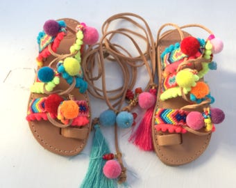 Pom Pom Leather Sandals. by DelosArt on Etsy