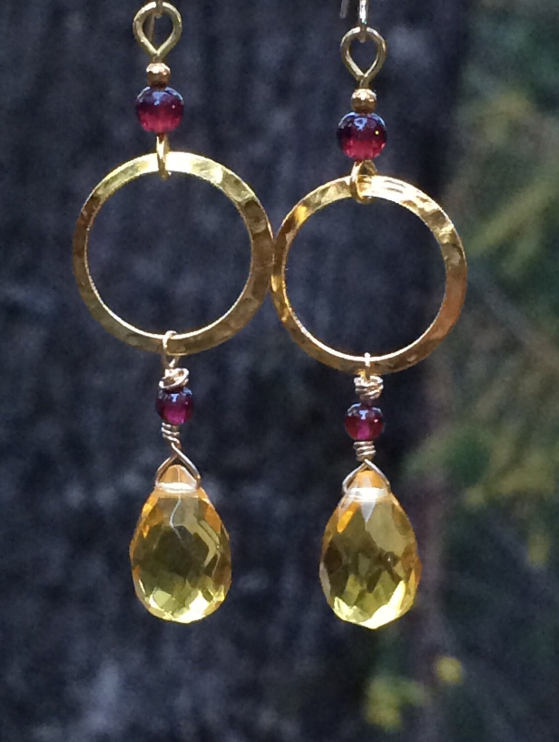 Hammered brass earrings brass hoop earrings citrine crystal