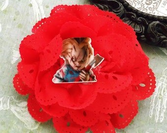 Chucky - red eyelet flower clip, large rose, horror inspired