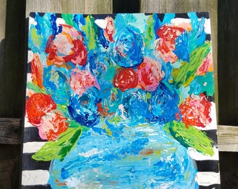 01 - Blue & Peach Flowers with Stripes (16.5x16x1)