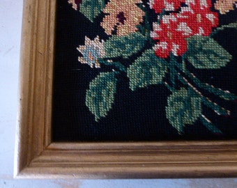 Vintage Framed Floral Tapestry, French Needlework Picture, European Artwork, Hand Stitched 0517038-091