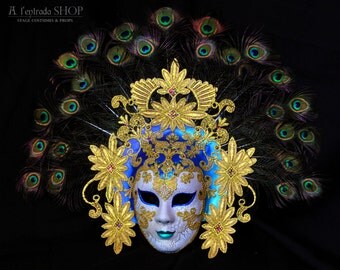 Venice carnival mask with peacock feathers. Masquerade mask for venetian carnivale.
