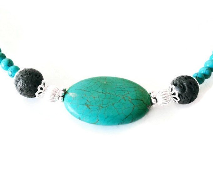 Turquoise and Lava Stone Color Block Necklace, December's Birthstone, Turquoise Necklace, Gemstone Jewelry, Unique Birthday Gift