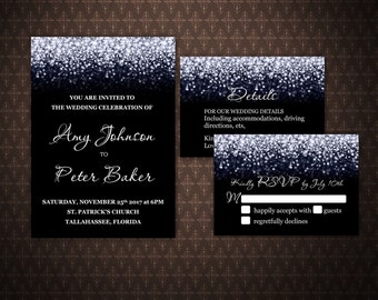 Black and Silver Wedding Invitation Set, Silver Glitter, Silver Wedding Template, Editable Wedding Invitations, doc, code-024