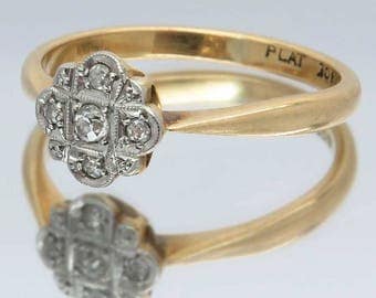 Vintage Art Deco Style Diamond Cluster / Engagement Ring, 18ct Gold & Platinum Ring, Free Worldwide Shipping
