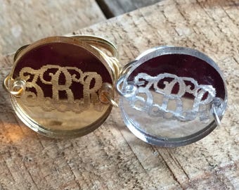 Custom laser etched Vine script monogram acrylic wire wrap ring, silver or gold mirror, 21mm, various sizes