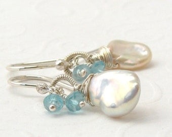 White Pearl Earrings with turquoise apatite, Keishi pearl earrings, 925 sterling silver, Pearl, gemstone, made to order