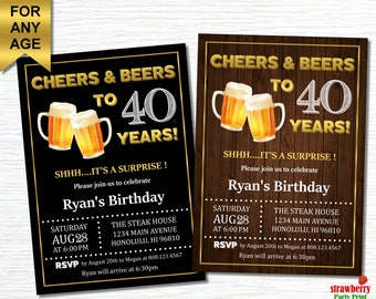 Cheers and Beers to 40 years, Surprise 40th Birthday Invitation, Adult Birthday Party Invitation for Men, Chalkboard, Wooden, A21
