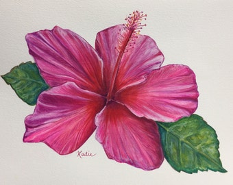 ORIGINAL Art Watercolor-9x12" Titled: "Lipstick Pink Hibiscus" - Watercolour Botanical Art Original Watercolor Hibiscus Flower