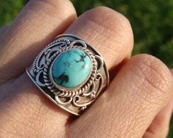Natural Turquoise Gemstone Pure 925 Sterling Silver Ring, Boho Ring, Wide Ring, Gypsy Ring, Bohemian Ring, Turquoise Ring, Turquoise Jewelry