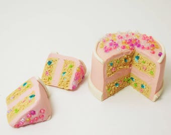Fairy Confetti Cake, Mini Pink Cake, Tiny Birthday Cake for Faeries, Miniature Food Fairy Accessory for your Party Theme Minis and Gardens