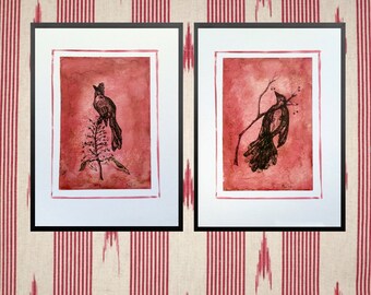 Pink Bird illustration, Rose,Print decoration, Giclée,Bird home decoration, Limited Edition , 42x30, Wall Bird , Lámina decorativa