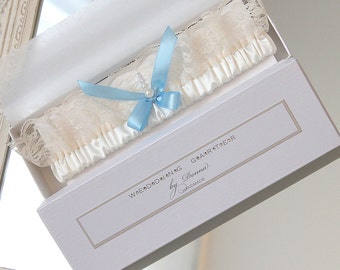 wedding garter in a gift box, ivory lace garter, something blue garter, something blue for bride, silk garter, with blue, lace garter, ivory