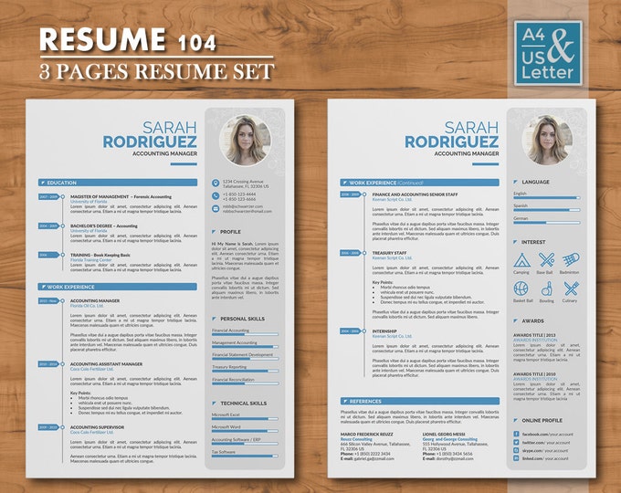 Professional Resume Template, 3 Pages Word Resume Design with Cover Letter, Modern and Creative CV Template in 5 Colors | Resume 104