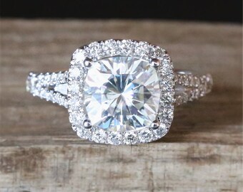 Halo Cushion Cut Moissanite Engagement Ring Forever One